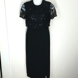 Cocktail dress short sleeve formal sequin circle maxi black lace stretch Small